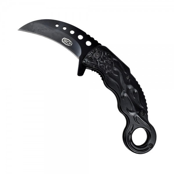 SCK - Couteau acier griffe pliable tête de mort tribale noir